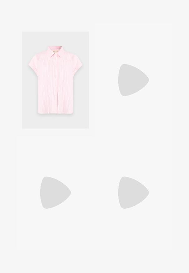 Short-sleeved blouse in light pink with white vertical stripes, structured collar, button front, and a relaxed fit. Smooth cotton fabric.; Black dress with three-quarter sleeves, made of sheer fabric featuring vertical textured stripes and a rounded neckline.; Black high-heeled shoe with a pointed toe and a textured upper. Interior features bright pink lining. Square heel with metallic accent at the base.; Silver metallic clutch with an angular envelope design, smooth texture, and contrasting interior color, held in a hand wearing a black coat.