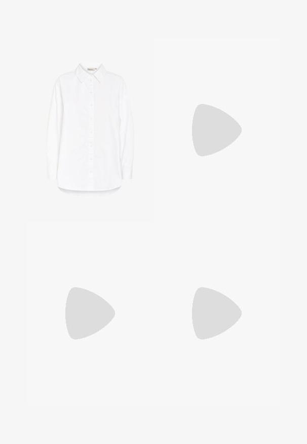 Weißes Hemd mit Knöpfen, spitzem Kragen, langen Ärmeln und abgerundetem Saum. Hergestellt aus einem glatten, leichten Stoff. Dezenter Glanz.; Helles blaues, kurzärmliges Hemdkleid aus glattem Stoff, mit einer geknöpften Vorderseite, klassischem Kragen und seitlichen Taschen.; Schwarze Lederloafers mit runder Zehenpartie, die über ein dekoratives Schleifchen und eine strukturierten Gummisohle für besseren Halt verfügen. Einfaches und flaches Design.; Schwarze Leder-Clutch mit goldener Medusa-Emblematik, Reißverschlussverschluss und abnehmbarem Trageriemen, mit glatter Textur und rechteckiger Form.; Goldfarbene, kugelförmige Ohrringe mit einer glänzenden, reflektierenden Oberfläche. Das Design ist schlicht und glatt, was einen modernen, minimalistischen Look erzeugt.