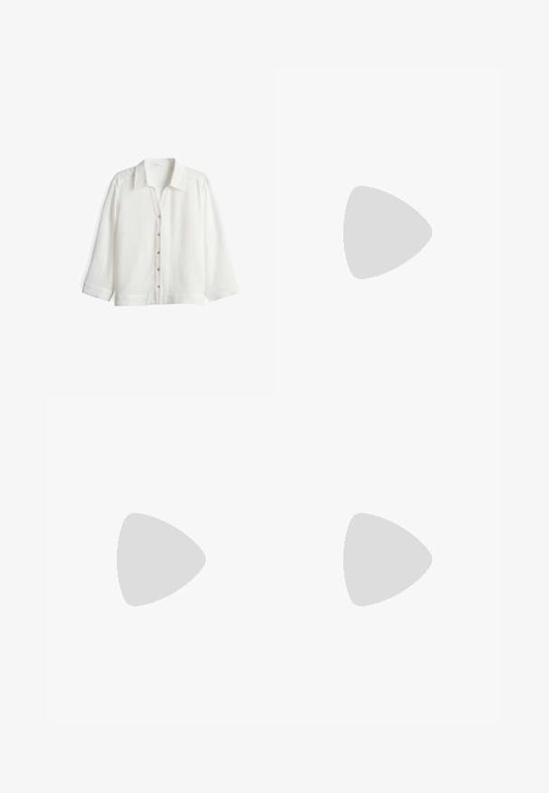 Camicia bianca con bottoni realizzata in tessuto leggero con finitura testurizzata. Presenta un colletto, maniche lunghe e sei chiusure a bottone sul davanti.; Pantaloni larghi in lino di colore beige chiaro con un design plissettato e una vita elasticizzata per comfort e facilità d'uso.; Scarpa sportiva in suede marrone con strisce bianche, punta tonda, design con lacci e suola in gomma. Parte superiore testurizzata con dettagli cuciti.; Borsa tote in pelle marrone con texture liscia, design con apertura superiore e due spallacci. Presenta cuciture minime e nessun hardware visibile.