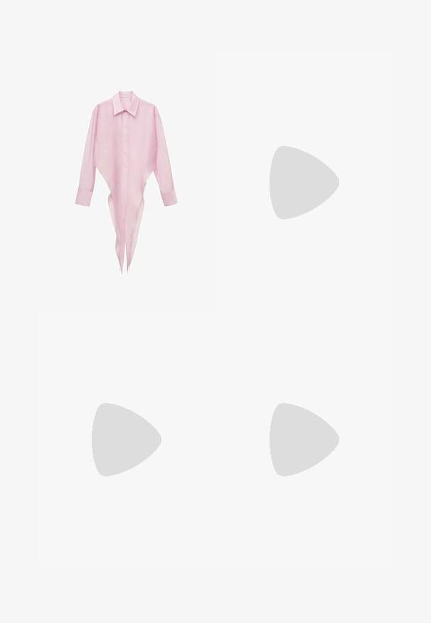 Pink long-sleeve shirt with a pointed hem, button-down front, and classic collar. Lightweight, sheer fabric with a smooth texture.; Bershka WIDE-LEG - Wide Leg - black; Bershka High heeled sandals - black; Black patent leather handbag with a curved shape, one shoulder strap, front pockets, and silver-tone hardware accents.