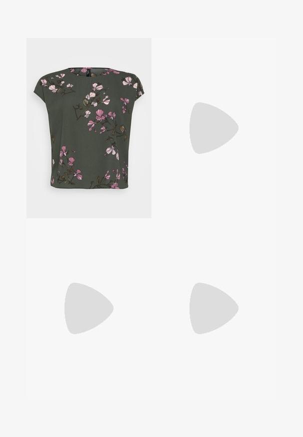 Short-sleeve, olive green top with a floral pattern featuring pink and white flowers. Soft fabric with a relaxed fit and round neckline.; Denim skirt in light blue. Features a front slit, button closure, and standard waistband. Smooth texture and ankle-length design.; Silver leather sandals with an open toe, featuring a wide front strap, ankle strap with buckle, and a medium block heel.; Gold hoop earrings with a smooth, shiny finish. Circular design featuring a small post and clear backing for secure wear.
