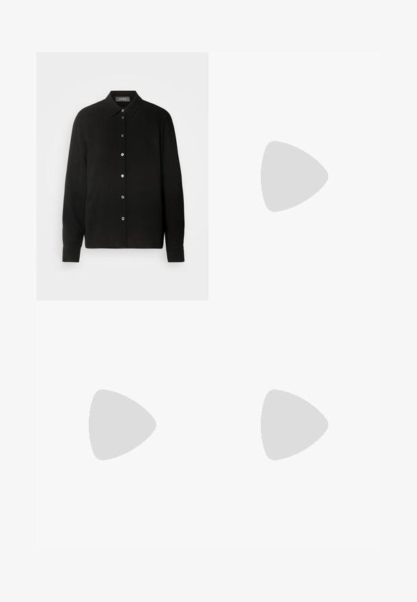 Black, long-sleeve shirt with a button-down collar and front button closure. Features a textured fabric with vertical stripes.; Black wide-leg trousers with high waist, button details on waistband, and front pleats.; Black leather stiletto shoe with a pointed toe, open back, and ankle straps tied in a bow. Slim 3-inch heel. Smooth texture, minimalist design.; Black leather crossbody bag featuring a smooth texture, rectangular shape, and a metallic chain detail on the front. Adjustable strap included.