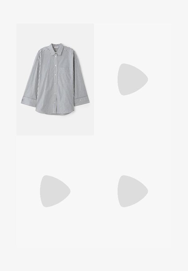 Button-up shirt in blue and white stripes. Features a classic collar, long sleeves, a chest pocket, and buttoned cuffs.; Striped shorts in navy and white cotton, featuring an elastic waistband and a relaxed fit. Mid-thigh length with subtle stitching details.; Flat ballet shoe in white leather with a rounded toe, black elastic strap, and small gold emblem near the heel. Soft texture and minimalist design.; Woven straw tote bag with brown leather accents and handles. Features a cutout logo and contrasting horizontal bands.