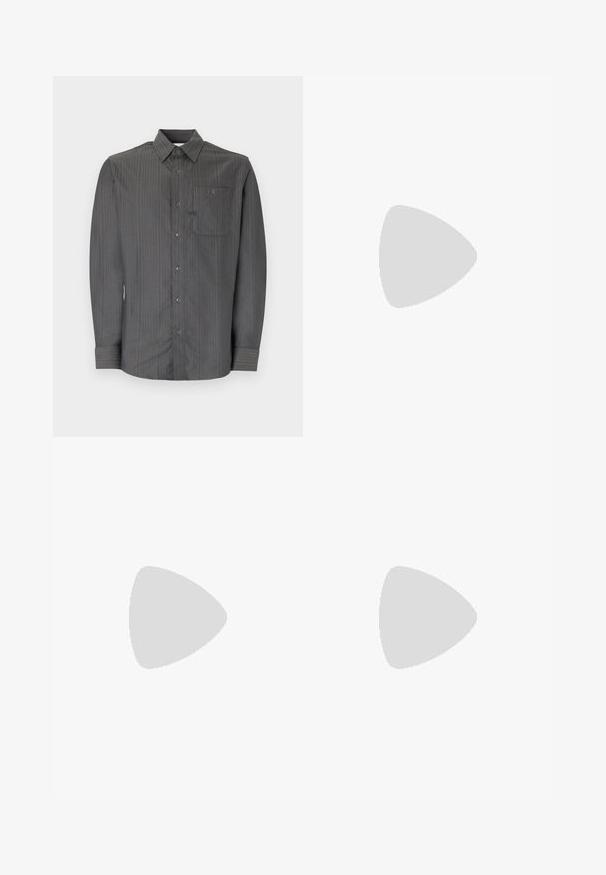 Gray striped long-sleeve shirt with a button-down collar and chest pocket, featuring small buttons and a textured fabric.; Two polo shirts: one white with black accents, the other light blue heather. Each features a collar and two-button placket with logo.; Dark gray trousers, made of smooth fabric, featuring a straight-leg design, front pockets, and a single button closure.; White leather sneaker with a textured rubber sole, navy heel accent, and lace-up front. Features logo detail on the side.
