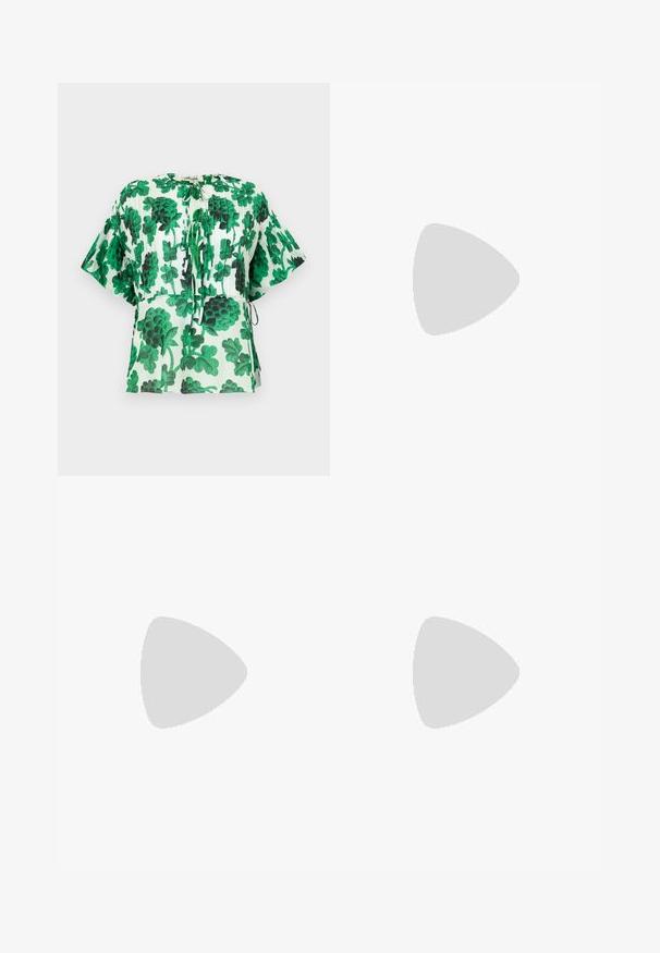 Short-sleeve blouse with a green and black leaf pattern on a light background. Features a round neckline and drawstring details at the waist.; Floral-patterned trousers featuring blue flowers and green leaves on a cream background; material appears smooth with a relaxed fit.; Beige leather ballet flat with rounded toe, minimal seam detailing, low heel, and subtle logo on the back. Smooth, matte texture.; Gold-colored hoop earrings with a curved, irregular shape and a smooth, polished texture. No visible hardware or accents.