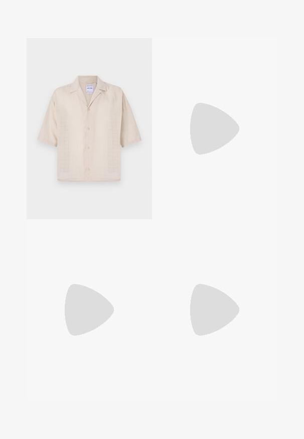 Short-sleeve, beige button-up shirt, featuring a grid pattern, soft texture, and a notched collar. Made from lightweight fabric.; Light blue denim jeans with a loose fit, mid-rise waist, and straight legs. Features five pockets, belt loops, and a button closure.; White sneakers with smooth texture, featuring brown leather accents and black detailing, paired with black tailored pants. Wooden floor background.; Black sunglasses with a rectangular shape, dark lenses, silver accents at the temples, and a matte finish on the frame.