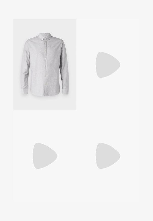 Light gray button-up shirt in a soft fabric, featuring a collar, long sleeves, and a small embroidered logo on the chest.; Blue denim jeans, straight leg design, with visible fading, button and zipper closure, five pockets, and orange stitching accents.; Lacoste sneakers in dark gray with mesh and synthetic material, featuring a textured sole and brown accents on the collar and branding.; BOSS Sunglasses - black