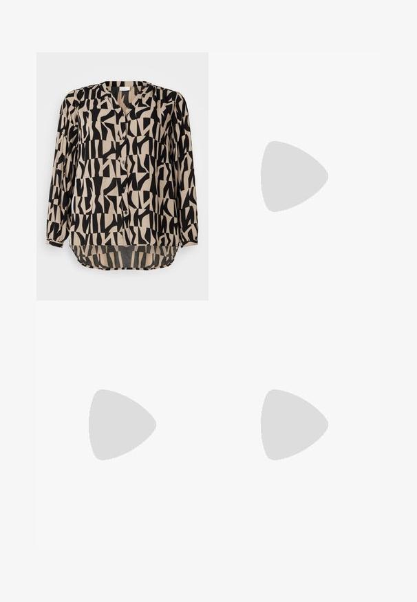 Blouse à motif noir et beige avec un col en V, des boutons sur le devant, des manches longues et un ourlet légèrement courbé. Tissu doux et léger.; Pantalons de jogging ajustés, beige clair, avec une taille élastique à cordon de serrage et des jambes fuselées, présentés sur un fond uni.; Ballerines tissées beiges avec un bout pointu, dotées d'une sangle décorative à boucle et d'un profil bas. Texture douce avec un design simple.; Boucles d'oreilles en or avec une finition lisse et brillante. Design circulaire présentant un petit clou et une attache transparente pour un port sécurisé.