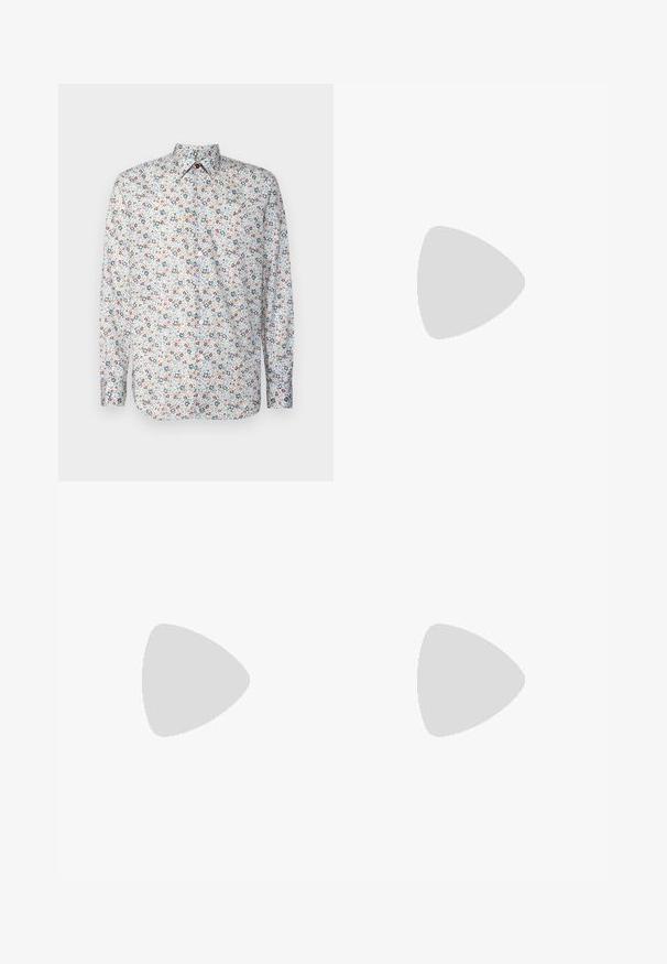 Paul Smith TAILORED FIT - Overhemd - multicolor; Donkergrijze broeken van een textuurstof, met een vlakke voorkant, plooien, rechte pijpen en riemlussen. Geen zichtbare hardware of patronen.; Bruid leren instappers met een ronde neus, minimale stiksels en een lage blokhak. Kenmerkt zich door een decoratieve band over de wreef.; Blauwe rechthoekige zonnebril met donkere lenzen, matte marineblauwe montuur, logo-detail op de slaap, rechte pootjes en een solide, gladde textuur.
