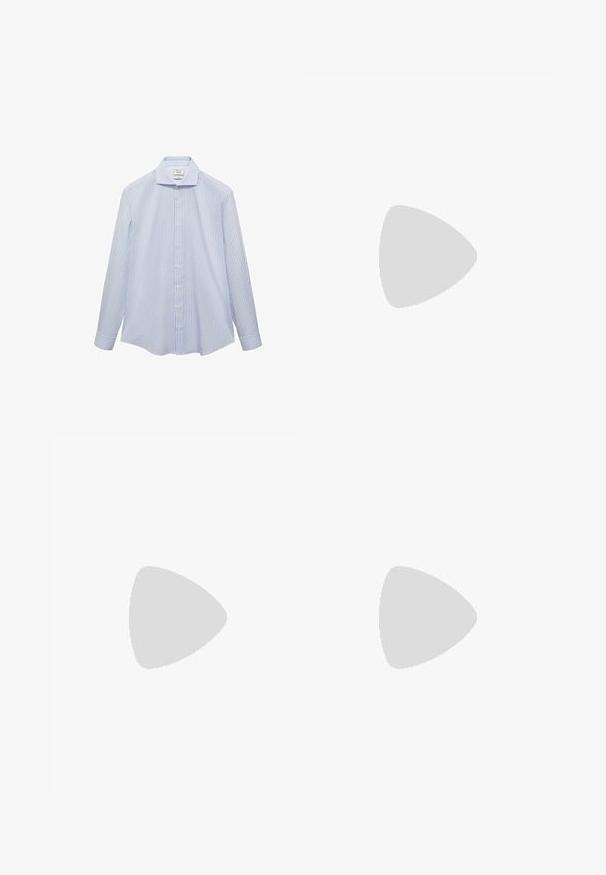 Svijetloplava košulja dugih rukava s bijelim okomitim prugama, s dugim rukavima i dugim gumbima. Glatkasti materijal s strukturiranim krojem.; Paket od tri majice: jedna crna i dvije bijele. Svaka ima okrugli izrez, kratke rukave i izrađena je od glatkog pamučnog materijala.; Mornarske plave hlače s ravnim prednjim dijelom, izrađene od glatkog materijala. Značajni detalji uključuju dva bočna džepa i patentni zatvarač s kopčom na dugme.; Smešane smeđe kožne cipele s elegantnim broguing detaljima, okruglim nosom i ravnim đonom. Ima pet rupa za vezivanje i glatku teksturu.; Crne i srebrne sunčane naočale s oblikom mačjih očiju, lećama s gradijentom i metalnim detaljima na okviru. Plastične ručke s sivim vrhovima.