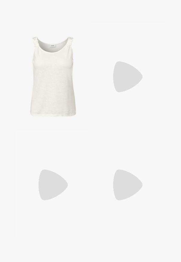 Top senza maniche bianco con scollo rotondo e dettaglio nodo sulle spalline. Realizzato in un tessuto morbido e leggero.; Due bodysuit smanicati in verde oliva e nero. Realizzati in tessuto morbido, con scollatura rotonda e design a gamba alta.; Pantaloni neri a gamba larga realizzati in tessuto leggero, caratterizzati da una chiusura frontale con bottone e frontale piatto, con orli cuciti con precisione.; Scarpe sportive con tomaia in pelle bianca, punta in suede grigia e tre strisce nere. Presentano un logo blu sulla linguetta e una suola in gomma testurizzata.; Borsa a tracolla nera intrecciata con due manici, caratterizzata da una superficie texturizzata e una forma rettangolare. Design semplice e unico senza hardware visibile.