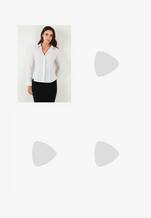 Camisa blanca de manga larga con cuello, frente abotonado y costuras verticales. Se combina con una falda negra para un aspecto profesional.; LELA SLIM FIT - Falda acampanada - red; Zapato de tacón de tirantes blanco con punta afilada, material superior liso, tacón bajo y diseño con corte lateral con correa ajustable.; Monedero de muñeca Michael Kors en lona recubierta beige que presenta un patrón repetido del logo MK, herrajes dorados y una correa de cadena desmontable.