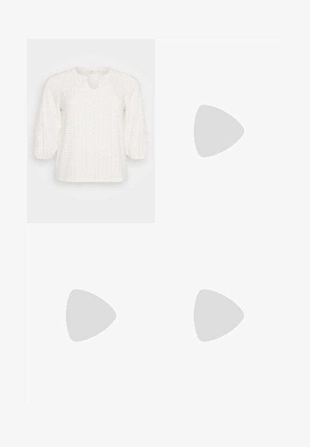 Balta blūze ar apaļu kakla izgriezumu, trīs ceturtdaļu piedurknēm un acs adījuma rakstu ar smalku tekstūru un detaļām visā virsmā.; Gaiši zili, platā piegriezuma džinsi, kas izgatavoti no denima, ar augstu jostasvietu, piecām kabatām un vienu pogu. Mīksta tekstūra ar nolietotu apdari.; Melna lakota āda ar atvērto papēdi, ar smailu purngalu un ģeometrisku blokpapēdi. Iezīmējas elegants, minimāls dizains un gluda tekstūra.; Melnas ādas somiņa ar gludu tekstūru, taisnstūra formu un divām garām rokturiem. Nav redzamu aparatūras vai rotājumu.