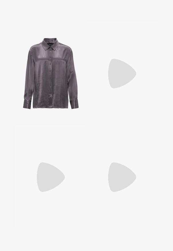 Long-sleeve shirt in a rich gray, made from smooth, lustrous fabric. Features a classic collar and button-down front, with cuffs at the sleeves.; Gray straight-leg trousers made from textured fabric, featuring a mid-rise waist, belt loops, and side pockets. No visible patterns or accents.; Black heeled ankle boots with a ribbed sock-like upper, smooth surface, rounded toe, and a block heel for stability.; Silver rectangular watch with a metallic link bracelet, textured white face, and minimalist hour markers. Brand name "ROSEFIELD" displayed.