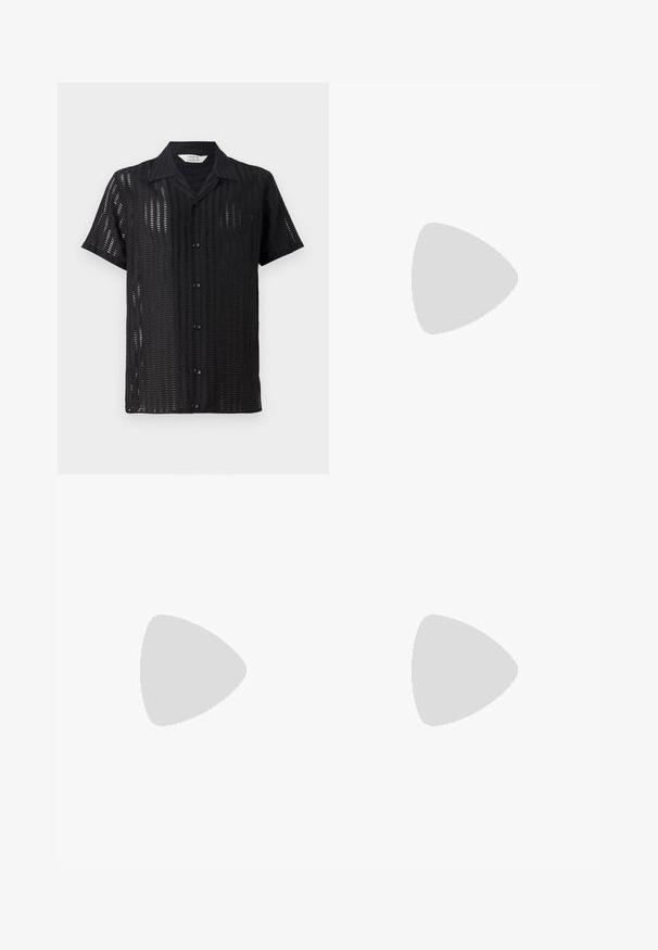 Cămașă neagră cu mânecă scurtă, cu un design din plasă, având închidere cu butoane în față și guler clasic. Material ușor cu decupaje verticale.; Pantaloni negri cu picioare largi, cu talie cu nasturi și margini răsucite, expuși pe un fundal alb simplu.; Mocasini pentru bărbați din piele neagră, cu detalii din metal la cataramă, toc jos și talpă branduită, prezentate din lateral pe un fond alb.; BOSS Ochelari de soare - black