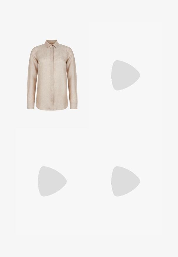 Beige Leinenhemd mit langen Ärmeln, spitzem Kragen, vorderem Knopfverschluss und leicht abgerundetem Saum. Verfügt über eine strukturierte Stoffoberfläche.; Helle blaue Denim-Jeans mit geradem Schnitt, ausgestattet mit einem Knopf- und Reißverschluss, fünf Taschen und leichten Ausbleichungen an der Vorder- und Rückseite.; Weiße low-top Puma Sneaker mit Schnürung, dezentem Branding an der Seite und Sohle sowie glattem synthetischen Obermaterial für den lässigen Gebrauch.; Schwarz cat-eye Sonnenbrille mit dunklen Gläsern. Hergestellt aus Kunststoff, mit einer glatten Oberfläche und Logo-Details an den Bügeln.; Goldfarbene, kugelförmige Ohrringe mit einer glänzenden, reflektierenden Oberfläche. Das Design ist schlicht und glatt, was einen modernen, minimalistischen Look erzeugt.