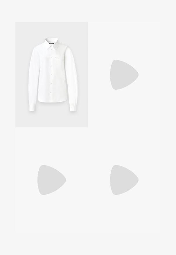 White long-sleeve button-up shirt made of smooth fabric, featuring a pointed collar, single chest pocket, and buttons down the front.; Black tailored trousers made of a smooth fabric, featuring a straight-leg design, and two side pockets. Elegant and minimalistic construction.; Black leather ballet flat with a rounded toe, smooth texture, minimal stitching detail, and a flexible sole design.; Black leather handbag with a curved shape, featuring a decorative design on the front, a short strap, and gold-tone hardware accents.