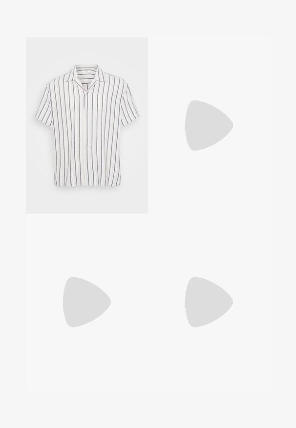 Lühikeste varrukatega nööbitav särk, millel on vertikaalsed triibud valge, mereväe sinise ja heledat beeži värviga. Valmistatud kergetest kangastest, millel on laia krae.; Valge puuvillane t-särk lühikeste varrukatega, ümmarguse kaelusega ja lõdva lõikega. Sile tekstuur, ilma nähtavate mustrite või aktsentideta.; Heledad sinine denimipüks, sirge säärekujundusega, viis taskut ja nööbiga sulgemine. Pehme tekstuur ja klassikaline kulunud viimistlus.; Valge tenniseking, millel on perforeeritud kolmerealine disain, tekstureeritud aktsendid, kummist talla ja külgedel kuldne "CAMPUS" logo.