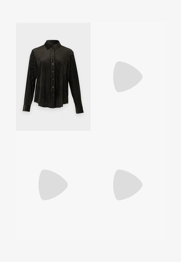 Black striped button-up shirt with a collar, long sleeves, and a pocket. Made from smooth fabric with a textured vertical ribbed pattern.; Wide-leg jeans in black denim with a zippered front, five-pocket design, and subtle stitching details. Smooth texture and casual style.; Brown leather ankle boots with a square toe and block heel, paired with black wide-leg jeans. Smooth texture and minimalistic design.; Black leather tote bag with smooth texture, rectangular shape, and two long handles. No visible hardware or embellishments.