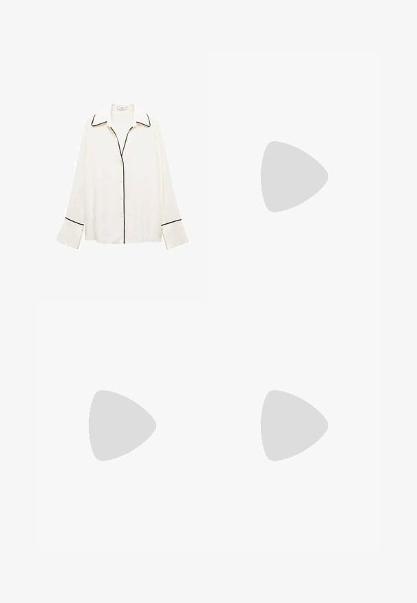 Cream blouse made of smooth fabric with a button-up front, large collar, and black piping along the edges and sleeves.; Black wide-leg denim pants with a high waist, featuring front and back pockets, stitched seams, and a button closure. Smooth texture.; Bershka High heeled sandals - black; Black patent leather handbag with a curved shape, one shoulder strap, front pockets, and silver-tone hardware accents.