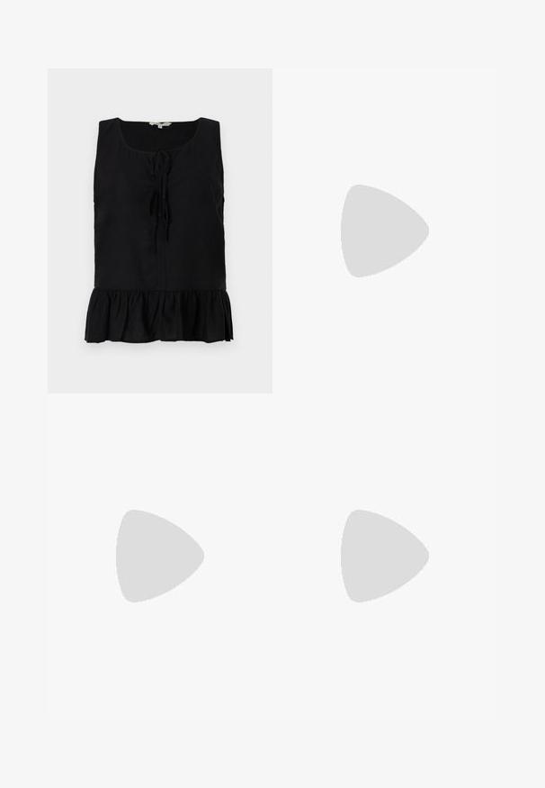 Black sleeveless top with a scoop neck, front ties, and a ruffled hemline. Made from lightweight fabric with a smooth texture.; Beige flared pants with a high waist, made of cotton fabric. Features front and back pockets, belt loops, and a single silver button.; Black leather pump with a pointed toe and a low block heel. Features an ankle strap with a gold-tone buckle. Smooth texture.; Black handbag with textured surface, dual top handles, and adjustable shoulder strap. Features gold-tone hardware and side pockets.