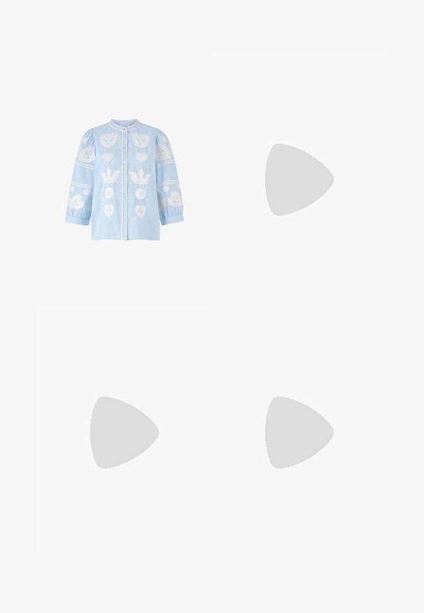Rich & Royal Button-down blouse - skyway blue; Carhartt WIP NASHUA DOUBLE KNEE PANT - Relaxed fit jeans - blue; Beige athletic shoes with mesh upper, textured accents, and a rubber sole. Features prominent logo on the side and lace-up closure.; Tortoiseshell sunglasses with a geometric design, yellow lenses, and metal accents on the temples. Wide frame and matte texture.