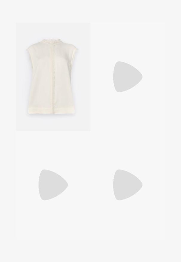 Sleeveless cream top featuring a textured ruffled neckline and fringed accents along the shoulders and center seam. Soft, lightweight fabric.; Black tailored trousers with a straight-leg design, featuring a smooth texture and crisp creases along the front. No visible hardware.; Black patent leather heels with a pointed toe, adjustable ankle straps, and a slender heel. Smooth texture with a shiny finish.; Black leather handbag with a structured design, featuring a cropped shape, top handle, and gold hardware accent. Adjustable shoulder strap included.