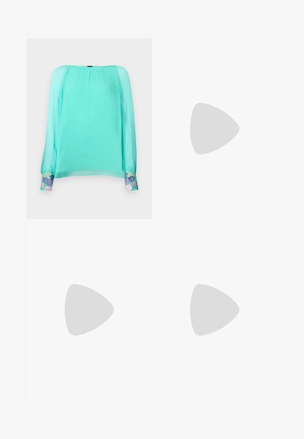 Müntroheline pluus pikkade, täispuhutud varrukatega. Sisaldab tikitud lillemotiive varrukaotstes. Valmistatud kergest, läbipaistvast kangast.; Must musträtik, millel on lühikesed varrukad, õrn geomeetriline muster, ümmargune dekoltee, keha ümber istuv talje ja veidi laienev alumine osa.; Mustad musta värvi kontsandaalid on varustatud peente rihmadega, millel on sõlmekujundus, siledad ruudukujulised varbad ja stiilne stilettokonts.; Helehall metallik handbags, millel on kett, kaunistatud väikeste ümmarguste metallist õmblustega ja kolmnurkse brändi logoga.; Hõbedased rõngaskõrvarõngad, millel on sile ja läikiv pind. Ümar kuju, kerge disain, millel on post-tagumise kinnituse süsteem.