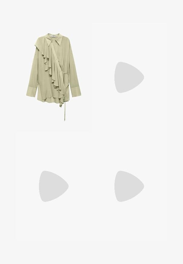 Mango Button-down blouse - light green; Black flared trousers with a high waist; features two front pockets and a smooth fabric texture. Suitable for various occasions.; Black patent leather slingback heels with a pointed toe and a geometric block heel. Features a sleek, minimal design and smooth texture.; Black leather hobo bag with a smooth texture, curved shape, and single adjustable strap; features a wide opening at the top.