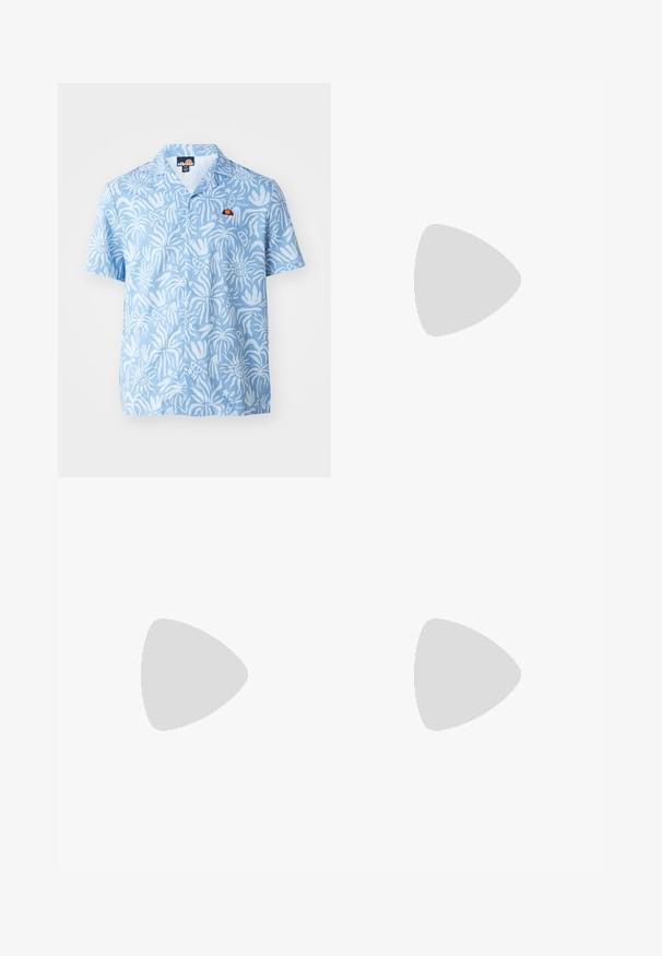 Kortermet skjorte med knapper i lyseblått med hvite abstrakte mønstre, med en liten fargerik logo på brystet.; Tre hvite ribbestrikkede tank topper laget av bomull. Har en rund hals og små svarte etiketter nær kanten. Tilgjengelig i flere størrelser.; Svart og hvit kortermet skjorte med logomønster, khaki-shorts og svarte høyhælte joggesko. Beige bøttehatt og kordfløyel er synlig.; Brune lærmokassin med frynser, teksturert overflate og kontrastfylt gul søm langs den svarte gummisålen. Sideutsikt.; Metallarmbånd med sammenkoblede rektangulære lenker; polert sølvfinish; har en sikker lukking for lukk.