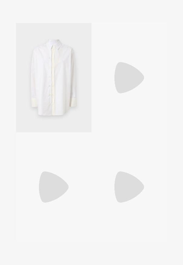 White cotton button-up shirt with a pointed collar, front placket, long sleeves, and light cream accents on cuffs and button areas.; Black wide-leg trousers with pleats, featuring a smooth texture and a high waist design. Minimalist style, no visible hardware or embellishments.; Black patent leather slingback heels with a pointed toe and a geometric block heel. Features a sleek, minimal design and smooth texture.; Black leather tote bag with smooth texture, rectangular shape, and two long handles. No visible hardware or embellishments.