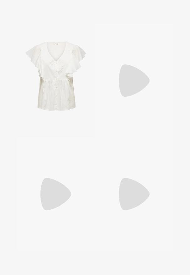 White blouse with short ruffled sleeves, v-neck, and floral embroidery. Features a button-down front and gathered lower section. Lightweight fabric.; Black denim shorts featuring a straight cut, five pockets, and a silver button closure. Smooth texture with minimal stitching detail.; Red suede sneakers with white accents, featuring textured material, round toe, and a gold logo on the side, worn with black pants.; Cat-eye sunglasses with a matte black plastic frame, dark lenses, and a gold logo accent on the temple. Angular design and smooth texture.; Black woven tote bag with long handles, featuring a detachable black pouch with a gold logo, textured surface, and open design.