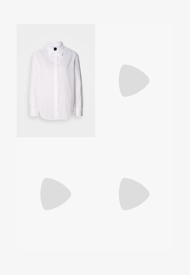 White long-sleeve button-up shirt made of lightweight fabric. Features a classic collar, front buttons, and cuffed sleeves.; Light blue denim wide-leg jeans with a high waistband, featuring five pockets, belt loops, and a subtle fade effect towards the hem.; Pointed-toe slingback shoe in off-white leather, featuring a low heel and cut-out design with a smooth texture and minimal accents.; Silver metal earrings featuring rounded shapes, with a polished finish and subtle engravings of the brand "BOSS" on the lower sections.