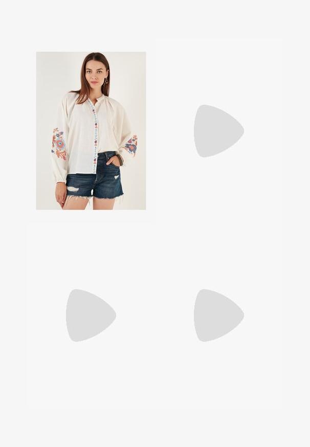 White long-sleeve shirt with colorful floral embroidery on sleeves and a decorative button placket. Paired with dark denim shorts.; White long dress with blue embroidered patterns, balloon sleeves, a V-neckline, and a tied waist. Features a tiered hemline and soft texture.; Light beige slide sandals with woven straps, featuring a flat sole and minimalist design. Smooth texture with subtle color contrast accents.; Round sunglasses with dark lenses and thin silver frames. One person wears a gold chain necklace, while another has a red patterned scarf.; Woven straw handbag in light beige, featuring a curved shape, clasp closure, and a gold chain strap. Textured surface with a diamond pattern.