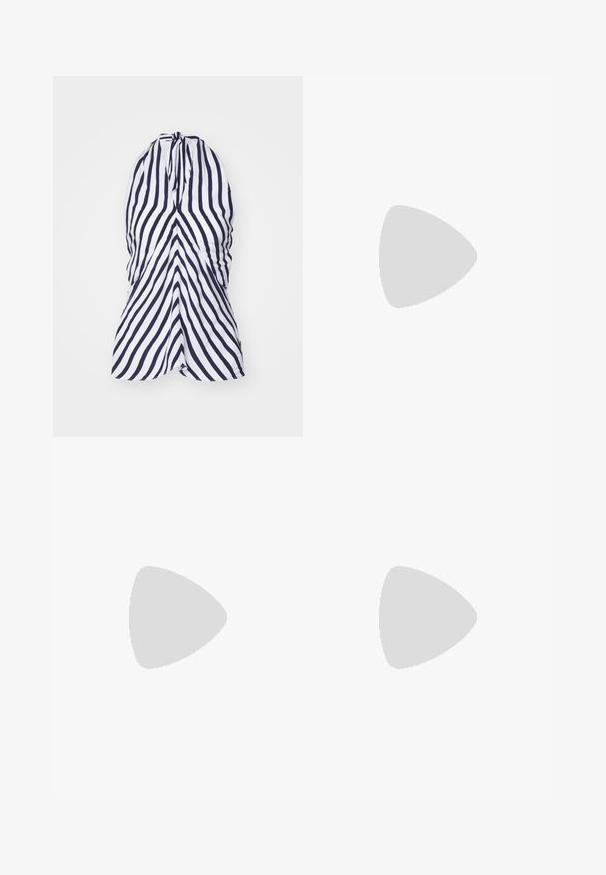 Halter neck dress featuring vertical navy and white stripes, made of lightweight fabric with gathered detailing at the bust and flowing shape.; White denim skirt featuring a front slit, five-pocket design, metal button and zipper closure, and stitched hem details.; Black leather ballet flat with a rounded toe, smooth texture, minimal stitching detail, and a flexible sole design.; Beige shoulder bag with a brown logo pattern, white accents, and a curved shape. Features a brown strap and a zip closure.