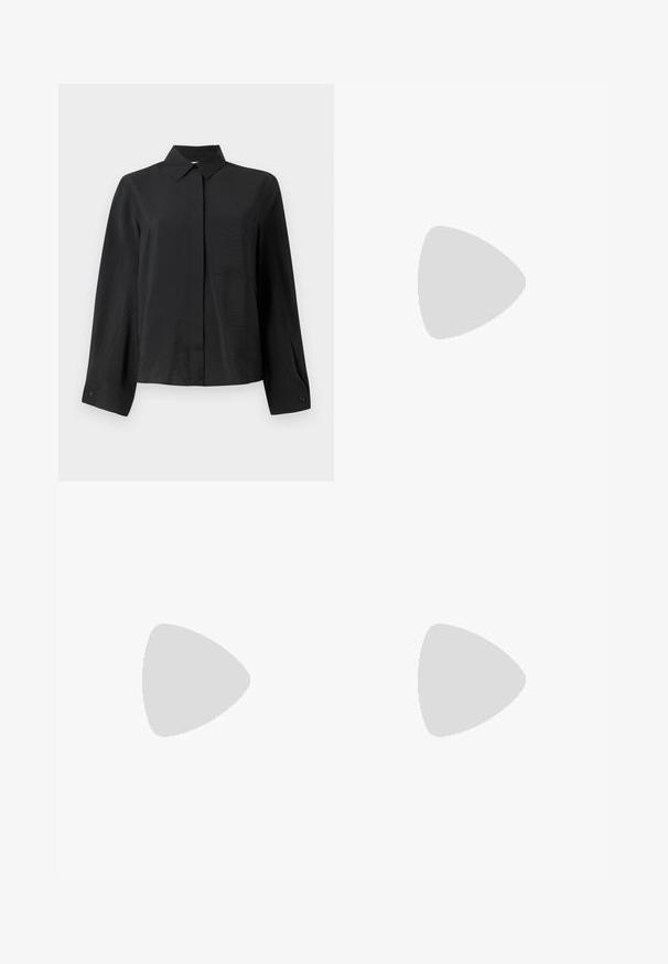 Black button-up shirt with a crisp collar, long sleeves, single chest pocket, and textured fabric. Features a straight cut and cuff detailing.; Brown wide-leg trousers made of smooth fabric. Features pleats at the front and a tailored waistband with belt loops for adjustment.; Knee-high black leather boots with a squared toe and block heel, shown with a model seated in an olive green coat. Smooth texture, minimal detailing.; Brown leather crossbody bag with a curved shape, gold hardware, and a buckle accent. Features a detachable shoulder strap.