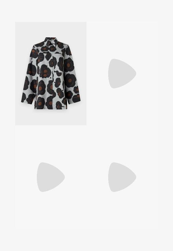 Long-sleeve button-up shirt with gray background and large black and brown floral pattern, featuring two front patch pockets and a collar.; Pleated skirt with a floral black and white pattern, featuring a light top half with flowers and a solid black bottom hem.; Black pointed-toe high heel shoe with a crocodile-skin texture, featuring a sleek design, high stiletto heel, and smooth black interior.; Black handbag featuring studded embellishments, a chain strap, and a smooth leather handle, with a rounded shape and zipped compartment.