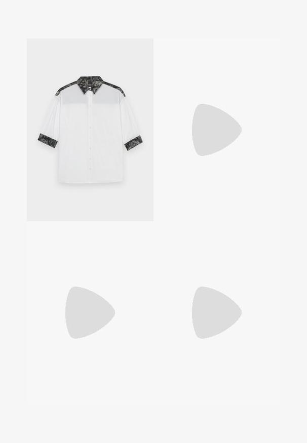 Valge särk, millel on must tekstureeritud krae ja õlavarre dekoratiivsed detailid, lühikesed varrukad ning nööpidega kinni pandud eesmine osa, kus on kaunistusnööpide rida.; ONLY Tall ONLHOPE GLOBAL HIGH WAIST WIDE - Püksid - pumice stone; Bežid lame sandaal, millel on mitu peenikest rihma ja reguleeritav pandla. Tallal on lame pind, mille ääres on kerge tumedam kontrast.; Beesum kott, millel on lamedad käepidemed, sile tekstuur ja kuldne riistvara, koos sobiva tikandiga kottide koos ahelkandiga.