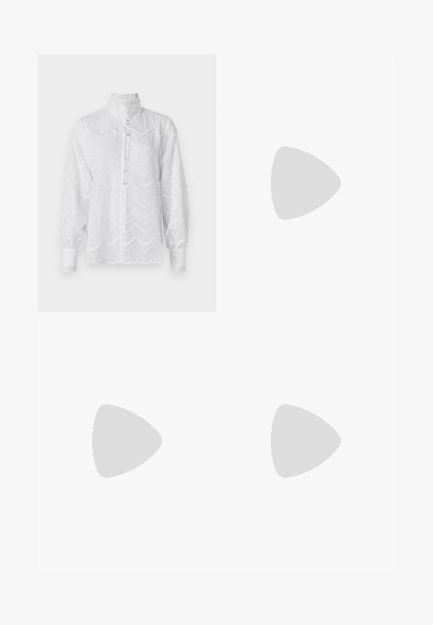 White blouse with a high collar, long sleeves, and button front. Features textured wavy patterns and lace accents at cuffs.; Black tailored trousers with a straight-leg design, featuring a smooth texture and crisp creases along the front. No visible hardware.; Black leather slingback heels with a pointed toe, featuring a slim heel and a gold-tone accent on the adjustable strap. Smooth texture.; Black leather handbag with a structured design, featuring a cropped shape, top handle, and gold hardware accent. Adjustable shoulder strap included.