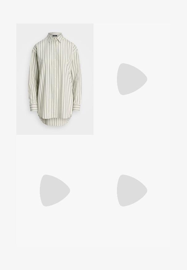 Lauren Ralph Lauren NUCETE LONG SLEEVE BUTTON FRONT SHIRT - Bluza s gumbima - blue/white; Široke traperice u boji krem-paleža. Visoki struk s kopčanjem na dugme, dva prednja džepa i kontrastni šavovi.; Bež sandale na visoku petu s kvadratnim vrhom, tankim remenom oko gležnja i blok petom. Glatka kožna tekstura s detaljem zlatne kopče.; Crna kožna torba izuzetno mekane teksture, trapezoidnog oblika, s zakrivljenom drškom i zlatnim detaljima, uključujući bravu.