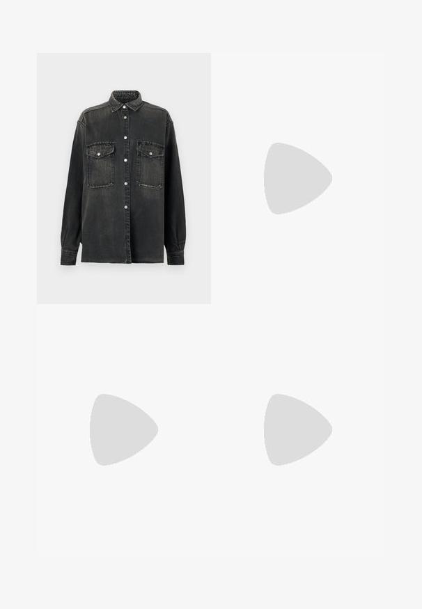 Replay SHIRT - Button-down blouse - dark grey; Black cotton t-shirt with short sleeves, featuring a white "REPLAY" logo on the left chest. Classic crew neck design.; Wide-leg denim trousers in medium blue wash. Features a button closure, two front pleats, and contrasting stitching. Soft texture and smooth finish.; Black knee-high boot made of smooth leather, featuring a square toe and a medium block heel with a metallic accent on the heel.