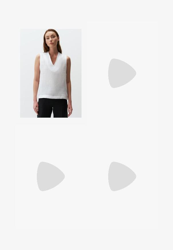 Top sans manches blanc en lin, avec un décolleté en V et une coupe décontractée. Le tissu présente une apparence légère et texturée.; Pantalons larges en lin blanc avec une taille élastique, cordon de serrage et un design ample et fluide, présentant des bords nets et sans motifs visibles.; Chaussure de bateau en cuir marron avec des coutures de style mocassin, des œillets en métal et une semelle en caoutchouc noir texturé.; Lunettes de soleil avec une monture beige transparente, des verres ovales et des branches fines. Présentent des verres teintés marron clair et un branding minimal.; Sac fourre-tout rembourré beige avec poignées doubles, poche avant et détails froncés sur les côtés. Texture lisse avec un design minimaliste.