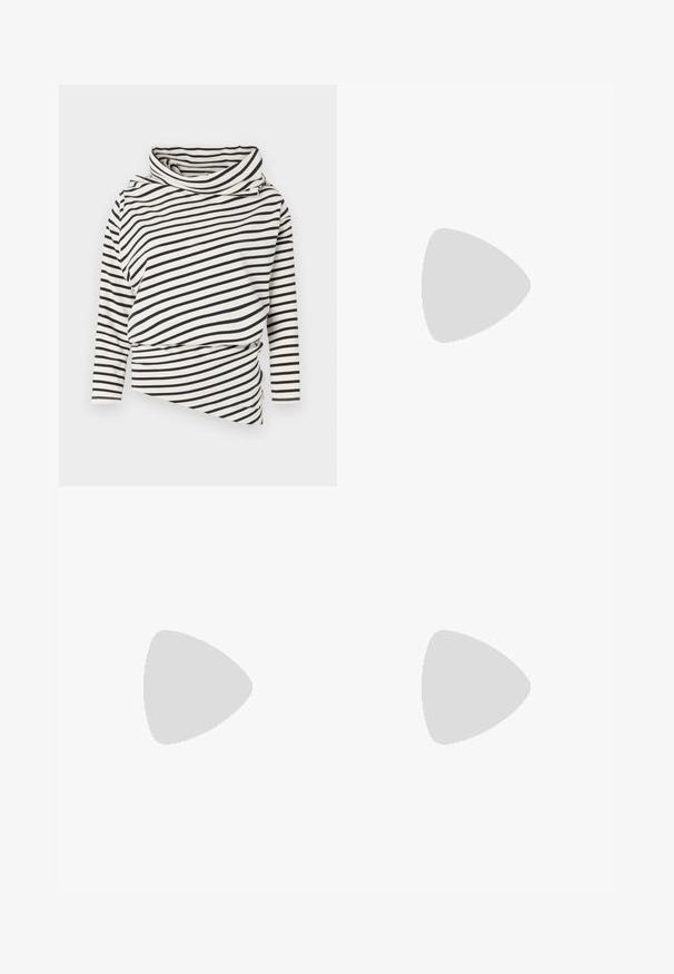 Ebaüres kandis kõrge kaelusega kreemivärvi pikad varrukad, mustade triipudega, millel on drapeeritud esiosa kujundus ja tekstuuriga viimistlus.; Tumesinine pükste paar, mis on valmistatud siledast kangast ja millel on sirge jala disain, ees voldid ja küljetaskud, et saavutada viimistletud välimus.; Musthave mustika tantsutossud mustast nahast, ümmarguse varbaga, siledast tekstuurist, minimaalse õmblusdetailiga ja paindliku tallakujundusega.; Pruunist nahast käekott, millel on klapiga sulgur, kuldne riistvara, õlarihm ja sile tekstuur. Kompaktne ristkülikukujuline vorm.