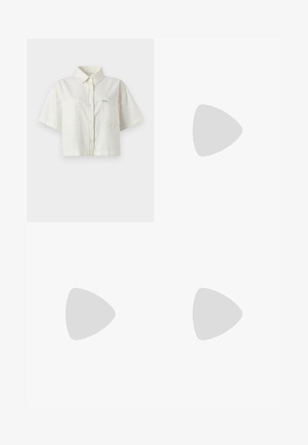 White short-sleeve collared shirt made of cotton, featuring a cropped design, two chest pockets, and a small logo label.; Wide-leg denim jeans in a light blue wash, featuring a high waist, front pockets, and a button closure with belt loops.; Light blue canvas sneakers with a cream rubber toe cap and outsole, featuring white laces and a pull tab on the heel.; Black leather handbag with a curved shape, detachable strap, and gold hardware. The bag features a flap with a buckle detail.