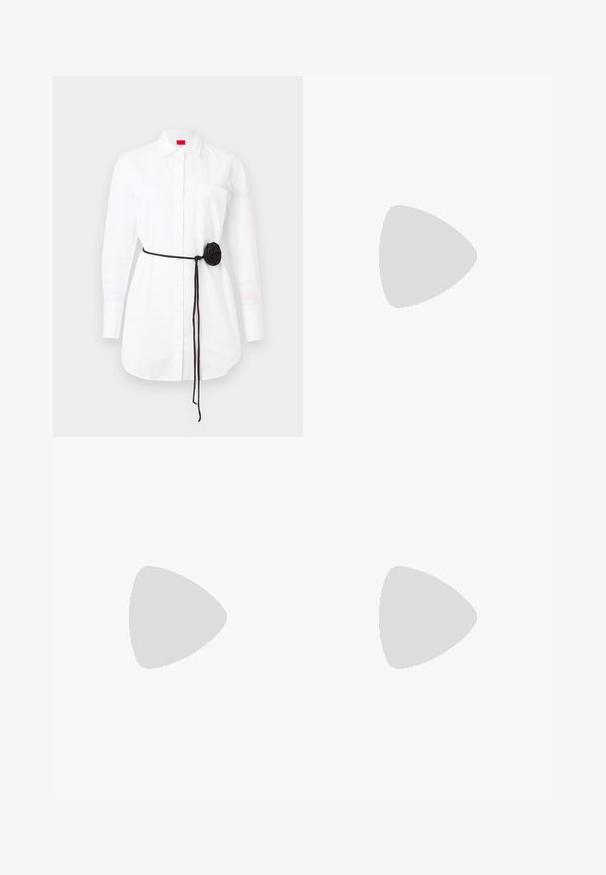 White button-up shirt with long sleeves, chest pocket, and a black fabric belt featuring a rosette detail. Cotton material with a smooth texture.; Light blue denim jeans with a high waist, wide-leg cut, two side pockets, and pleated design feature. Soft texture with a faded finish.; Brown leather ankle boots with a chunky black rubber sole, lace-up front, and a strap with a silver buckle accent. Smooth texture.; Black leather handbag with a structured design, featuring a cropped shape, top handle, and gold hardware accent. Adjustable shoulder strap included.
