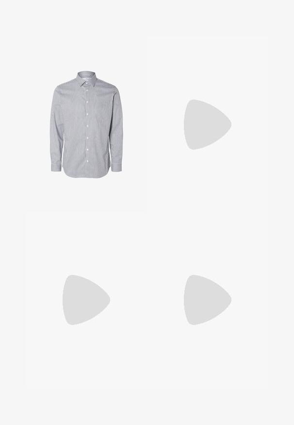 Camicia a maniche lunghe a righe blu e bianche con colletto button-down, bottoni frontali e dettagli sui polsini, realizzata in un tessuto leggero.; T-shirt bianchi in cotone, maniche corte, design a collo tondo, texture liscia, impilati in fila, con un sottile marchio all'altezza del collo.; Pantaloni in corduroy neri con una vestibilità rilassata, dotati di vita elastica e strisce laterali. Texture liscia con dettagli a righe verticali.; Sneakers bianchi in pelle con punta in suede grigia, tre strisce orizzontali bianche, accenti blu e suola in gomma marrone. Dettaglio testurizzato sulla suola.