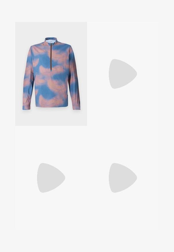 Zippered pullover in blue and pink tie-dye pattern, with a stand-up collar and long sleeves. Made of lightweight fabric with a textured finish.; Filippa K TERRY CROPPED TROUSERS - Trousers - sage melange; White leather sneaker with a smooth finish, round toe, flat laces, and a textured sole. Features a subtle logo on the heel.; Black round sunglasses with dark lenses and slim metal arms. Includes clear temple tips and silver accents at the hinge. Minimalist design.