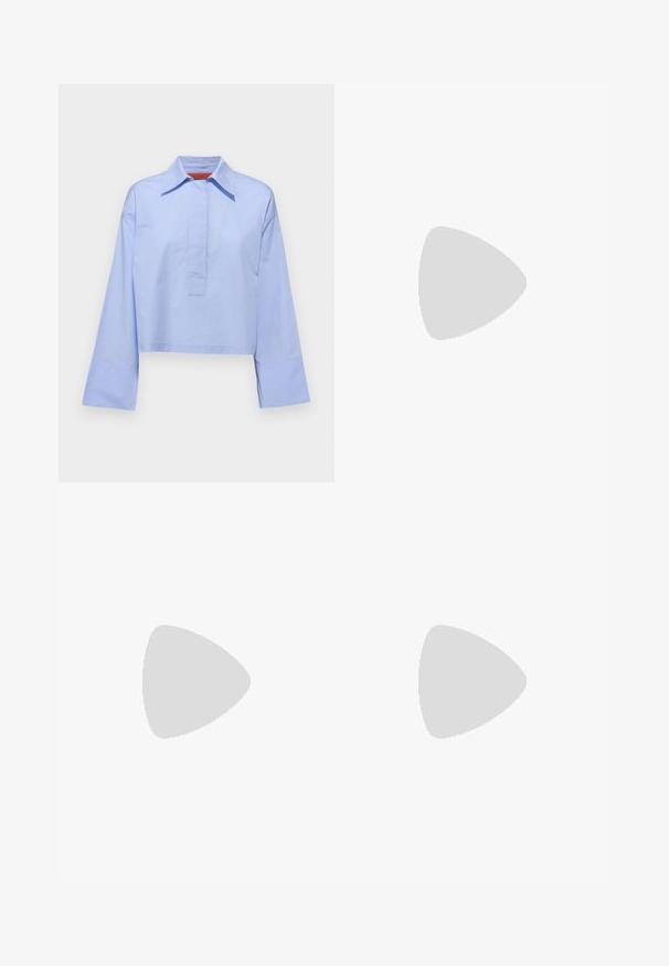 MAX&Co. DARIO - Blouse - azurblau; Black wide-leg trousers with a smooth texture, featuring a high waistband and center pleats. No visible patterns or hardware details.; Black patent leather high-heeled shoes with a square toe, ankle strap, and a chunky heel. Includes perforated detailing along the rim.; Black leather tote bag with a glossy finish, curved top, two shoulder straps, and a gold-tone hardware accent on the front.