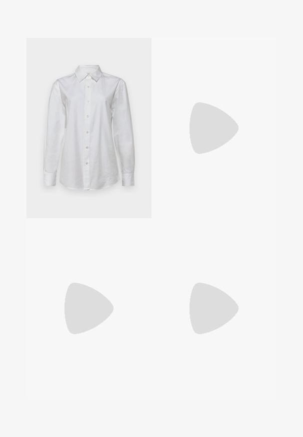 White long-sleeve shirt made of cotton. Features a pointed collar and a button-down front with matching buttons. Smooth texture.; Black satin skirt with a smooth, shiny texture, featuring a simple, straight cut and an elastic waistband for a secure fit.; Black flip-flop featuring a textured rubber sole, two slender straps, and a subtle, embossed logo detail on the strap.; Black plastic sunglasses with green lenses, square frames, silver accent on the brow, and textured temple arms. Stated brand on inner arm.; Black leather crossbody bag with a textured surface, adjustable strap, and silver hardware. Features a front flap with a clasp closure.
