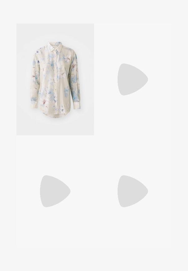 Kukkakuvioinen nappikauluspaita kevyestä kankaasta. Ominaisuudet suuret siniset ja vaaleanpunaiset kukkakuviot vaaleanbeige taustalla. Pitkät hihat, joissa on hihojen ympärykset.; Knee-length A-linjainen hame, joka on vaaleansinistä pellavaa, jossa on poimutuksia ja sileä rakenne ilman kuvioita tai koristeita.; Juoksakengissä on hopea- ja valkoista verkkoa, jossa on vihreä yksityiskohta. Pohja on paksu ja teksturoitu, suunniteltu vaimentamaan ja tukemaan.; Keltainen kudottu käsilaukku neliömäisellä muotoilulla, jossa on sileä pinta, koristeellinen solmittu hihna ja kultainen metalliosuus.; Kultainen suorakulmainen kello, jossa on helmiäisvalkoinen kasvopinta, roomalaiset numero-oppaita, päivämääränäyttö ja linkkiketjumuotoilu.